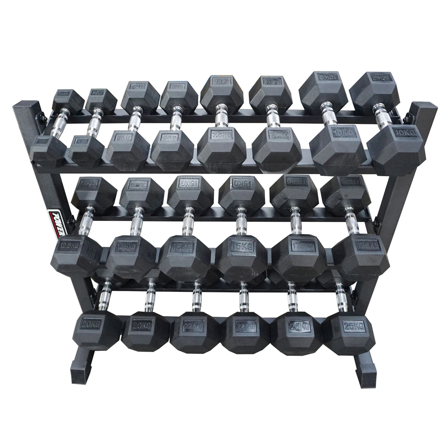 Power Maxx 2.5 Kg – 25 Kg Rubber Hex 10 Pair Dumbbell Set With Compact 3 Tier Rack 3 Power Maxx 2.5 Kg – 25 Kg Rubber Hex 10 Pair Dumbbell Set With Compact 3 Tier Rack - Image 3
