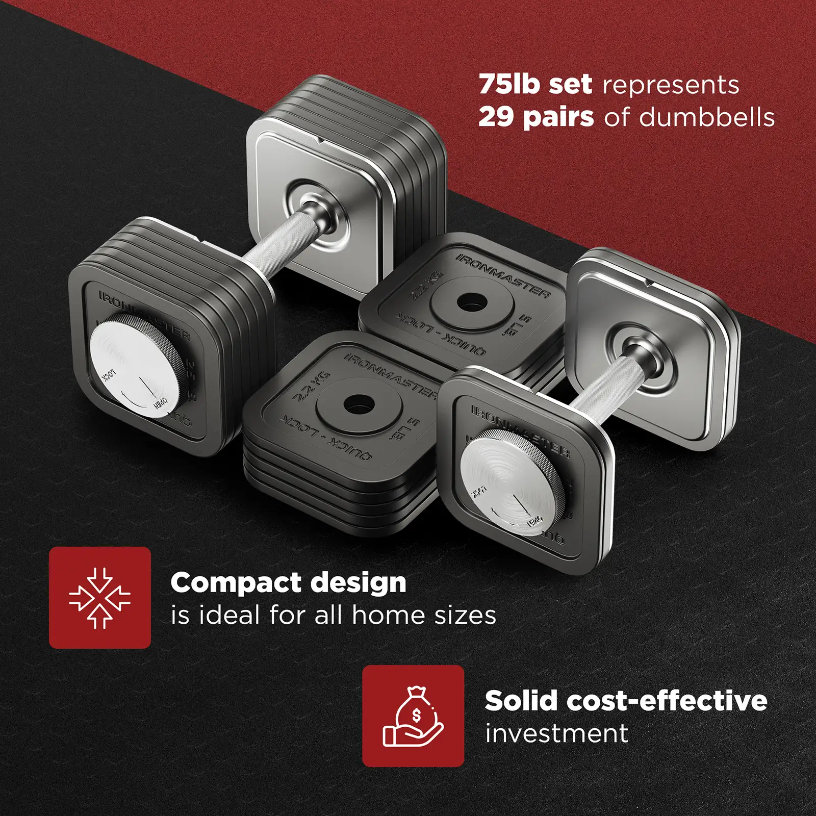 Ironmaster 75 LB Quick-Lock Adjustable Dumbbell Set – No Stand 6 Ironmaster 75 LB Quick-Lock Adjustable Dumbbell Set – No Stand - Image 6