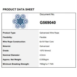 Gym Cable 6×19 Fibre Core 200M Polyurethane Coating 7 Gym Cable 6×19 Fibre Core 200M Polyurethane Coating -Sams Fitness Store Z CB CABLE gym cable product data